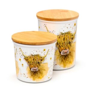 Jan Pashley Highland Coo Cow Set of 2 RPET & Bamboo Storage Jars S/M