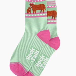 Women's Bamboo Socks - Green, Highland Cow and Calf