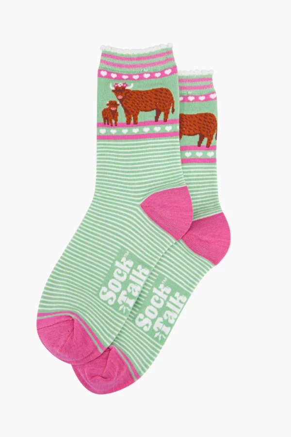 Women's Bamboo Socks - Green, Highland Cow and Calf