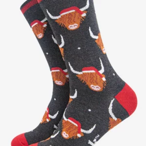 Sock talk Men's Bamboo Socks - Black Marl/Red , Santa Highland Cow