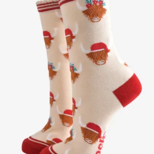 Sock talk Women's Bamboo Socks - Cream/Red, Christmas Highland Cow