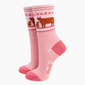 Highland Cow Calf Striped Bamboo Socks in Pink