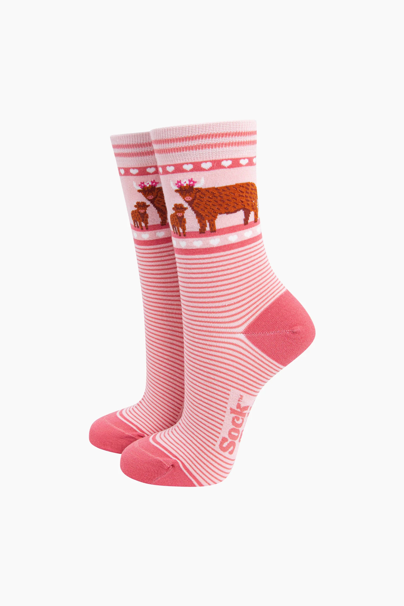 Highland Cow Calf Striped Bamboo Socks in Pink