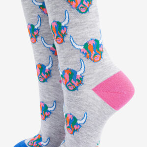 Women's Bamboo Socks - Grey/Rainbow, Highland Cow