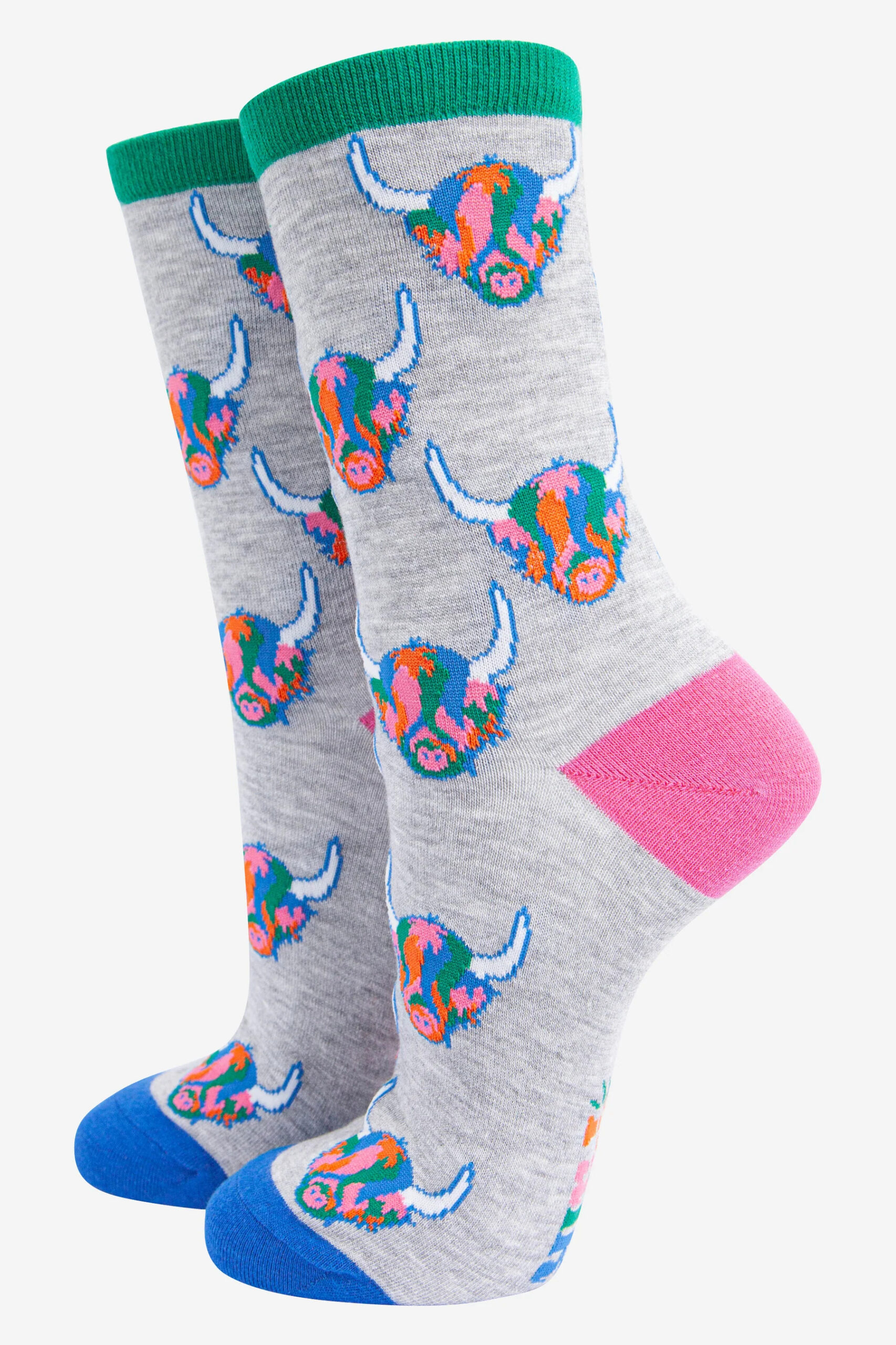 Women’s Bamboo Socks – Grey/Rainbow, Highland Cow
