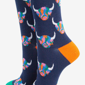 Women's Bamboo Socks - Navy Blue/Rainbow, Highland Cow