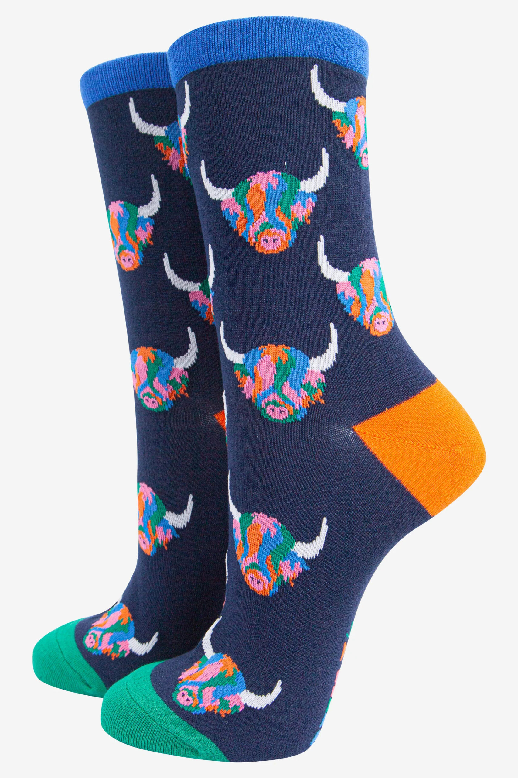 Women’s Bamboo Socks – Navy Blue/Rainbow, Highland Cow