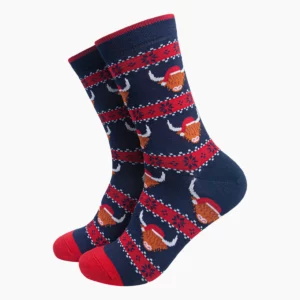 Santa Highland Cow Fair Isle Men's Bamboo Socks in Navy Blue/Red