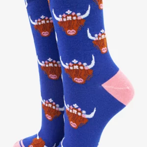 Women's Bamboo Socks - Blue, Highland Cow