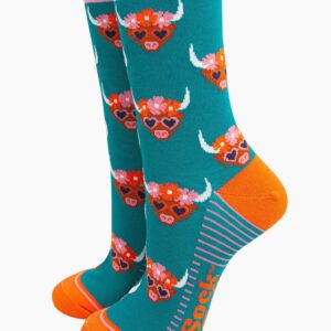 Women's Bamboo Socks - Teal, Highland Cow Floral Crown