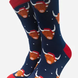 Men's Bamboo Socks - Blue, Santa Highland Cow