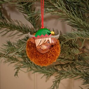 Christmas highland cow pom pom with elf hat